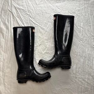 HUNTER Original Tall Gloss Rubber Black Rain Waterproof Boots Women's Sz 6